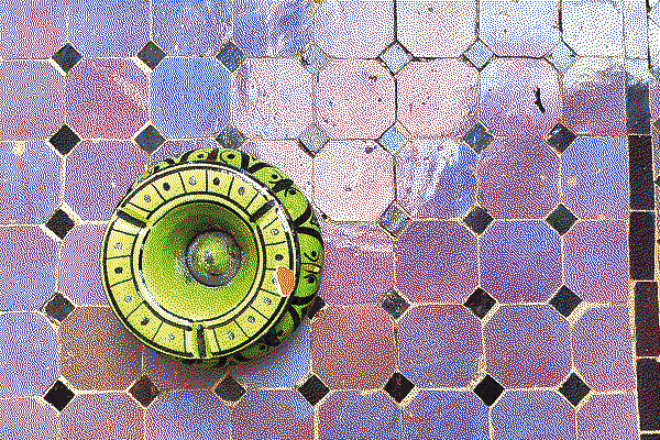 A yellow camera on purple and pink tiles, by Denisse Ariana Perez